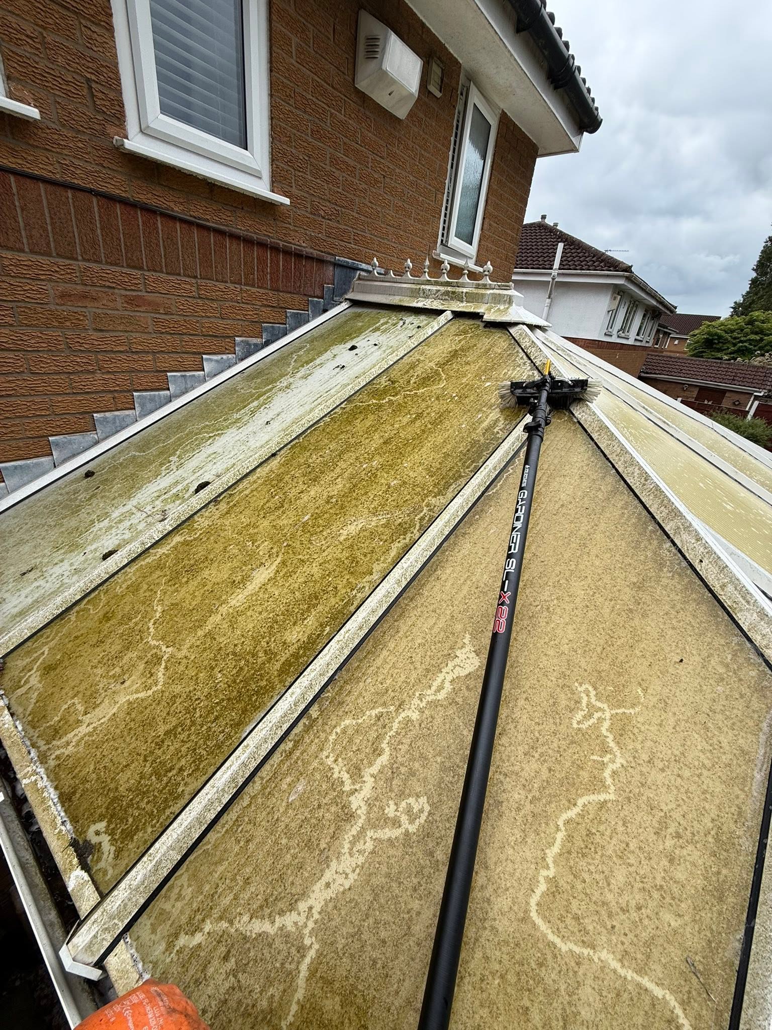 Conservatory roof before cleaning, covered in green algae